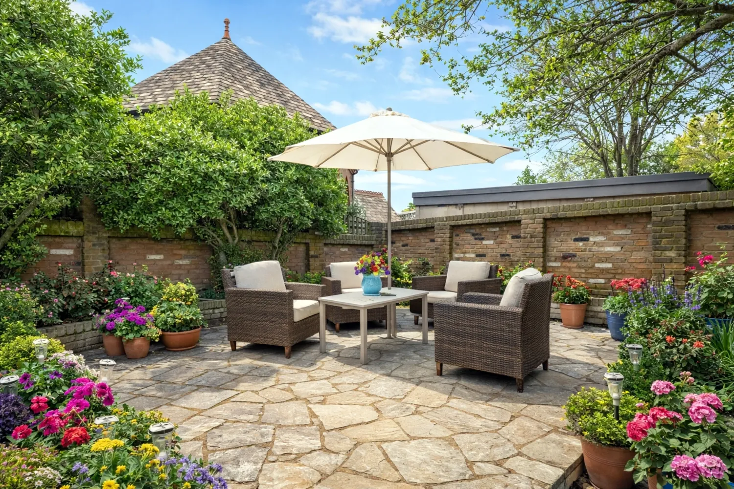 Beautiful landscaped garden patio with outdoor seating, flowers and shaded relaxation area at Pinfold Care Home
